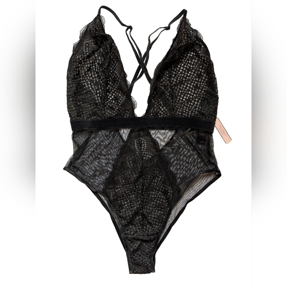 NWT Victoria's Secret Black Lace Velvet Trimmed Body Suit Lingerie, Large